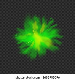 Isolated green powder explosion - realistic color splash on dark background. Colorful abature paint dust cloud with fast motion effect, vector illustration.