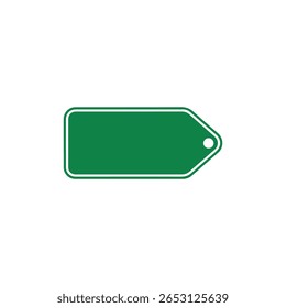 Icône isolée d'étiquette de prix verte, forme rectangulaire avec des bords arrondis et un trou circulaire sur le côté droit sur fond blanc. Design minimaliste.