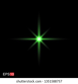 isolated green Rays with lens flare, Sun flare, flare on the black background. Transparent Vector Illustration