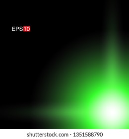isolated green Rays with lens flare, Sun flare, flare on the black background. Transparent Vector Illustration