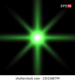 isolated green Rays with lens flare, Sun flare, flare on the black background. Transparent Vector Illustration