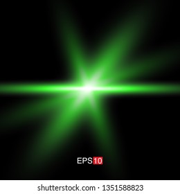 isolated green Rays with lens flare, Sun flare, flare on the black background. Transparent Vector Illustration