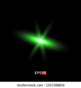 isolated green Rays with lens flare, Sun flare, flare on the black background. Transparent Vector Illustration