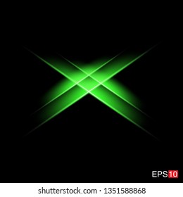 isolated green Rays with lens flare, Sun flare, flare on the black background. Transparent Vector Illustration