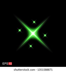 isolated green Rays with lens flare, Sun flare, flare on the black background. Transparent Vector Illustration