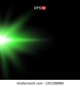 isolated green Rays with lens flare, Sun flare, flare on the black background. Transparent Vector Illustration