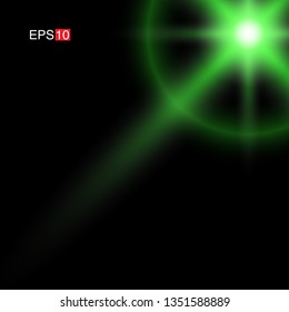 isolated green Rays with lens flare, Sun flare, flare on the black background. Transparent Vector Illustration