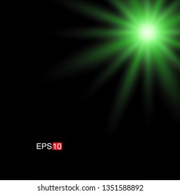 isolated green Rays with lens flare, Sun flare, flare on the black background. Transparent Vector Illustration