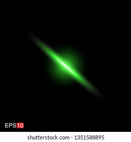 isolated green Rays with lens flare, Sun flare, flare on the black background. Transparent Vector Illustration