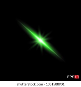 isolated green Rays with lens flare, Sun flare, flare on the black background. Transparent Vector Illustration