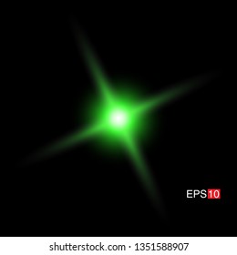 isolated green Rays with lens flare, Sun flare, flare on the black background. Transparent Vector Illustration