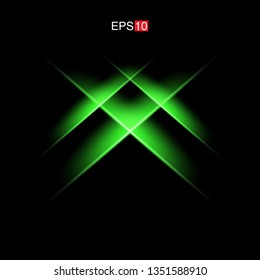 isolated green Rays with lens flare, Sun flare, flare on the black background. Transparent Vector Illustration