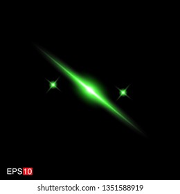 isolated green Rays with lens flare, Sun flare, flare on the black background. Transparent Vector Illustration