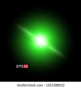 isolated green Rays with lens flare, Sun flare, flare on the black background. Transparent Vector Illustration
