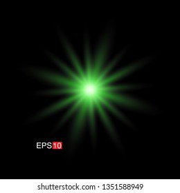 isolated green Rays with lens flare, Sun flare, flare on the black background. Transparent Vector Illustration