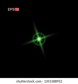 isolated green Rays with lens flare, Sun flare, flare on the black background. Transparent Vector Illustration