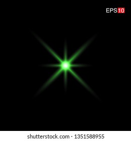 isolated green Rays with lens flare, Sun flare, flare on the black background. Transparent Vector Illustration