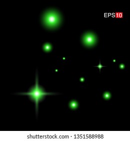 isolated green Rays with lens flare, Sun flare, flare on the black background. Transparent Vector Illustration