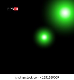 isolated green Rays with lens flare, Sun flare, flare on the black background. Transparent Vector Illustration