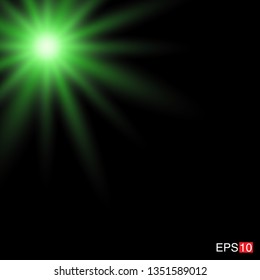 isolated green Rays with lens flare, Sun flare, flare on the black background. Transparent Vector Illustration