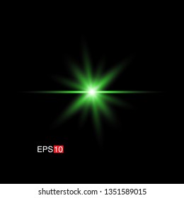 isolated green Rays with lens flare, Sun flare, flare on the black background. Transparent Vector Illustration