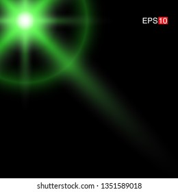 isolated green Rays with lens flare, Sun flare, flare on the black background. Transparent Vector Illustration