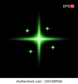 isolated green Rays with lens flare, Sun flare, flare on the black background. Transparent Vector Illustration