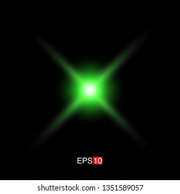 isolated green Rays with lens flare, Sun flare, flare on the black background. Transparent Vector Illustration