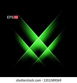isolated green Rays with lens flare, Sun flare, flare on the black background. Transparent Vector Illustration
