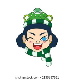 Isolated green scarf girl christmas borderline cute face vector illustration