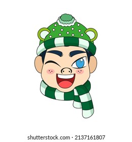 Isolated green scarf man christmas borderline cute face vector illustration