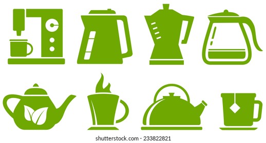 isolated green set with percolator, teapot and cup