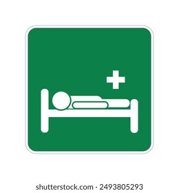 Isolated green sign of hospital, mecidal facilility, first aid center, health clinic with resting patient pictogram