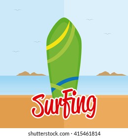 Isolated green surfboard with a texture on the beach