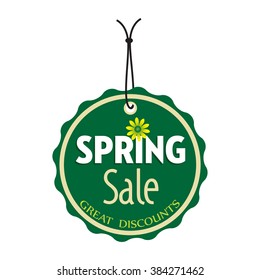 Isolated green tag with the text spring sale, great discounts written on the tag