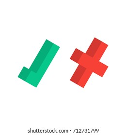 Isolated green tick and red cross flat icons. Vector illustration isolated on a white background. Acceptance of voting results. Premium quality. 