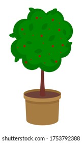 Isolated green tree growing in pot with soil. Tree with red flowers isolated at white background. Growing decorative tree with soil raster. Decoration for garden, home. Icon for website, mobile app