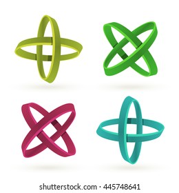 Isolated green,blue and crimson color cross vector logo set. Abstract circles on the white background. Geometric elements collection. Letter X. Chemical icons. Multiplication and plus signs. 