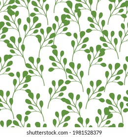 Isolated greenery tropic seamless pattern with doodle green white eucalyptus ornament. White background. Designed for fabric design, textile print, wrapping, cover. Vector illustration.