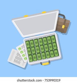 Isolated grey case with money and documents.