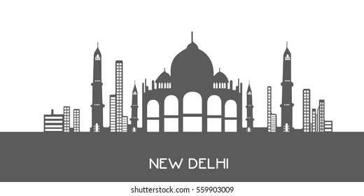 Isolated Grey Cityscape Of New Delhi, Vector Illustration