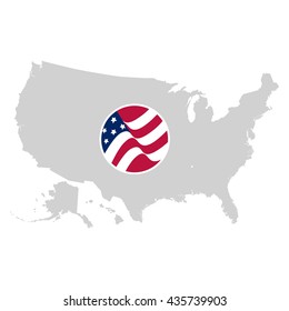 Isolated grey color American map vector logo. USA atlas image with national flag on the white background logotype. Geographic unit.