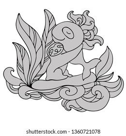 Isolated grey design with outlined drawings of sloth and whale hugging. The design can be used for stickers, clothes design, logo, tatoos, stationary, etc.