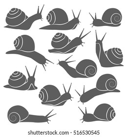 Isolated grey on white decorative snail symbols set with snails silhouettes on blank background flat vector illustration