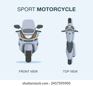 Isolated grey or white sport motorcycle. Front and top view. Flat vector illustration template.