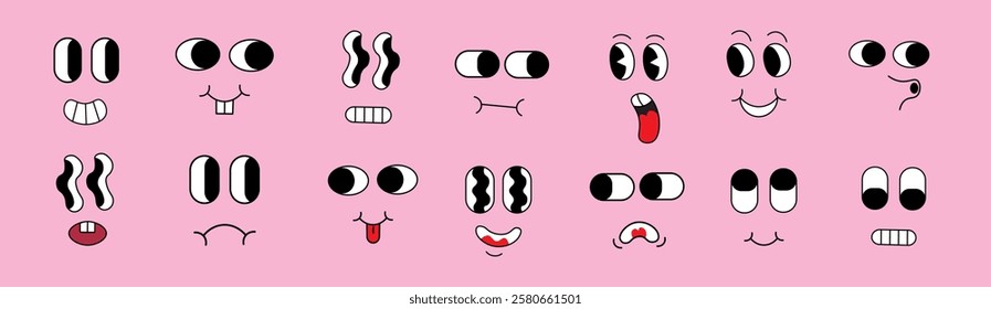 isolated groovy character faces set. elements for stickers posters prints mascots designs characters