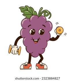 Isolated groovy character grape with dumbbells in gloves in flat retro classic cartoon style on white background. Illustration for your design, print, card, poster, stickers