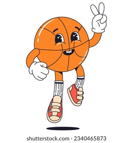 Isolated groovy character jumping orange basketball in gloves in flat retro classic cartoon style of 60s 70s on white background. Illustration for your design, print, card, poster, stickers