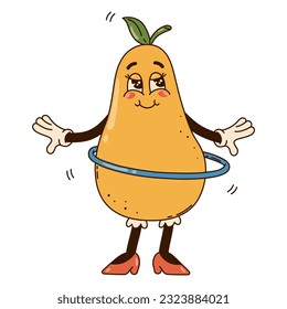 Isolated groovy character pear with hula hoop in gloves in flat retro classic cartoon style on white background. Illustration for your design, print, card, poster, stickers