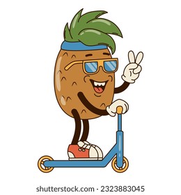 Isolated groovy character pineapple with sunglasses on skooter in gloves in flat retro classic cartoon style on white background. Illustration for your design, print, card, poster, stickers